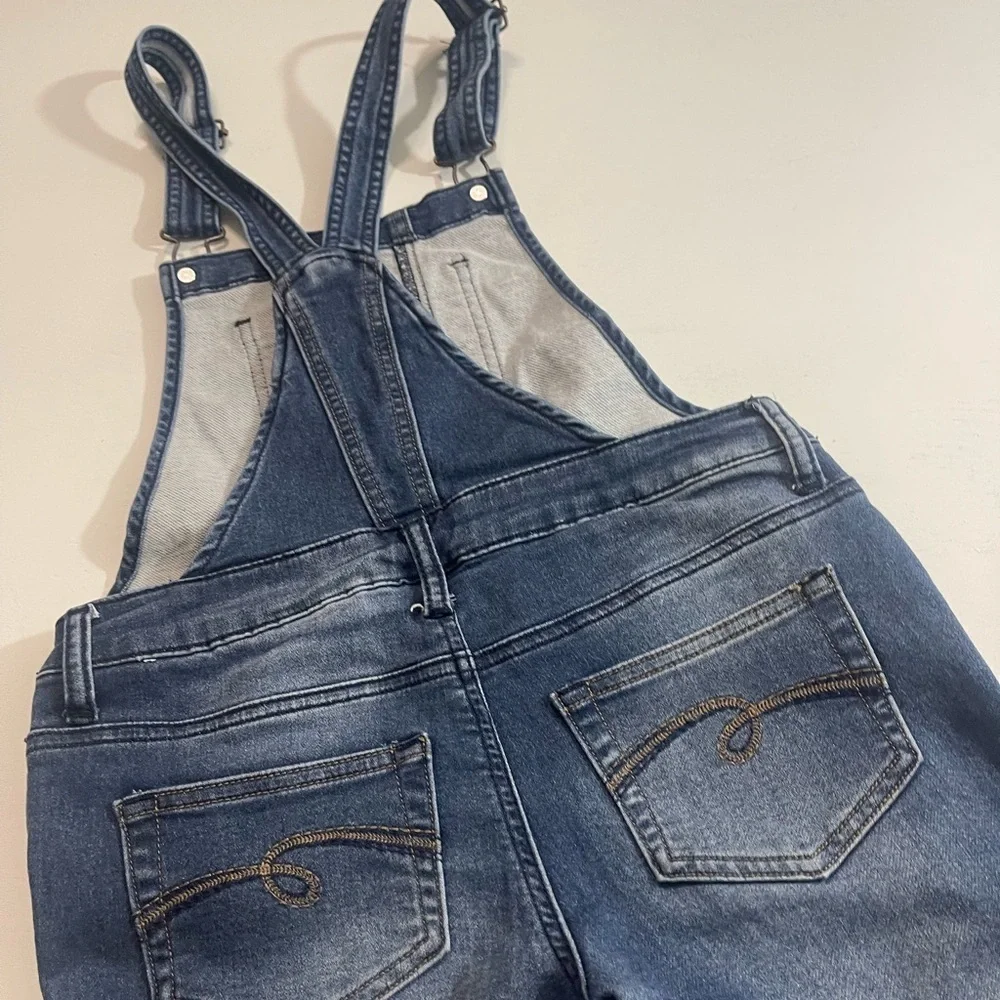JUSTICE STRETCH BLUE JEAN OVERALLS / PANTS DISTRESSED STRAIGHT LEG GIRLS SZ 12